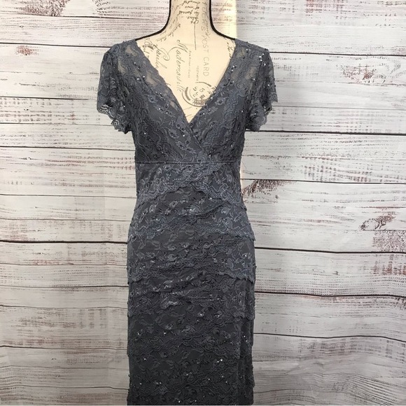 Marina Dress Short sleeve gray deep v-neck lace dressy formal midi dress - Picture 2 of 8
